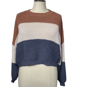 Debut Striped Brown White Blue Crewneck Sweater L